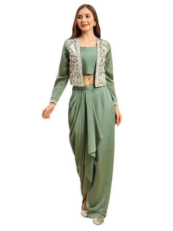 madhuram women'S Vichitra Silk Dhoti Skirt And Choli With Short Coti Set For Solid With Heavy Embroidery Work Set(M-2459)