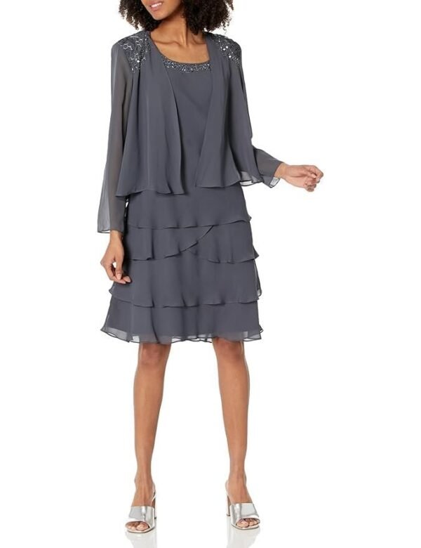 S.L. Fashions Women's Embellished Tiered Dress with Jacket
